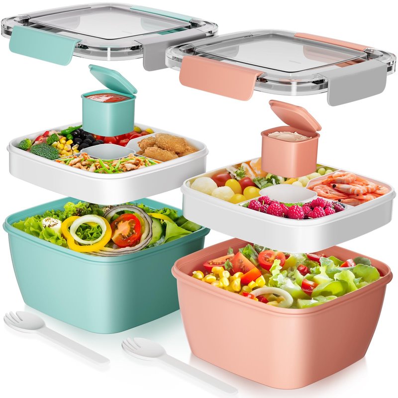 Cherrysea Salad Lunch Container, 68oz Salad Bowls with 4 Compartments Tray,Leak Proof Lunch Box with Fork for Men,Women BPA-Free Snack Container with Sauce Container for Dressings-Pink
