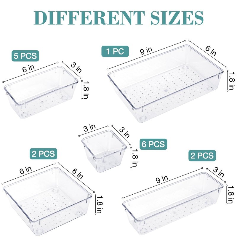StorMiracle 16 PCS Drawer Organizer Set, 5 Varied Size Bathroom and kitchen Drawer cabinet organizer Trays, Clear Storage Bins for Makeup, Jewelry, Utensils and Gadgets