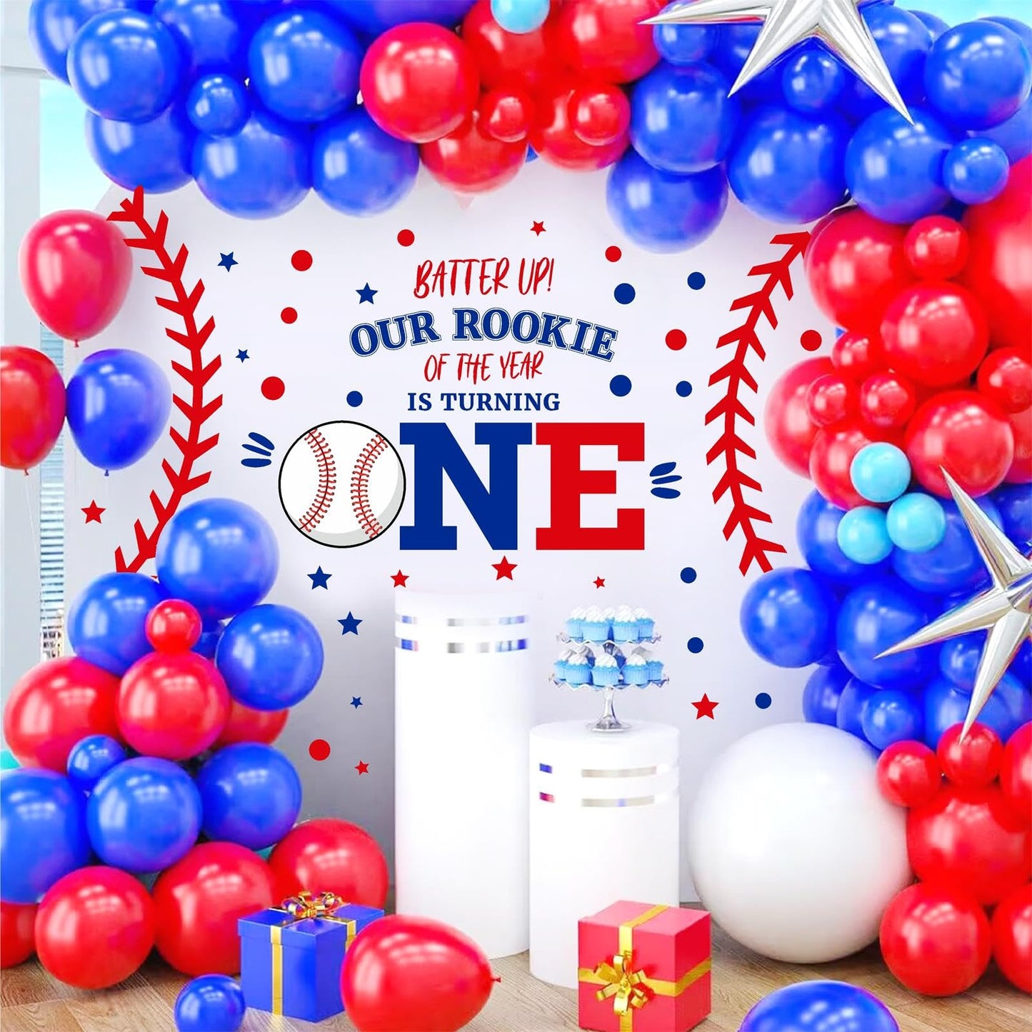 First Birthday Arch Decals for Baby Boy Baseball Theme Party Decorations 1st Birthday Backdrop Decals Rookie of The Year Baby Shower Balloon Arch Decor Photography Background Stickers