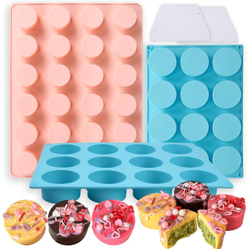 Cake Puck Mold Set,SAGOOITS 2 Different Sizes Chocolate Covered Cake Silicone Molds, 24-Cavity and 12-Cavity Round Cake Pop Molds with 2 Spatulas for DIY Cake Cores, Chocolate Desserts,Cakepucks