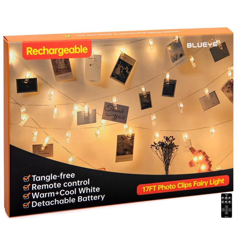 17FT 100LEDs Rechargeable Photo Clips String Light,Remote Control,3 Off Timer,Tangle-Free,Detachable Battery Operated Fairy Lights,Dorm Room Essential for Girl,Christmas(Cool+Warm White,1Pack)