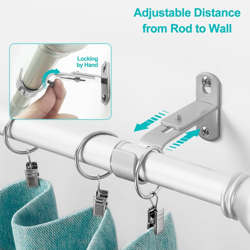 AMZSEVEN Adjustable Curtain Rod Brackets, Metal Window Drapery Rod Hanger Holders Hooks for 1 inch Rods (Satin Silver, Set of 2)