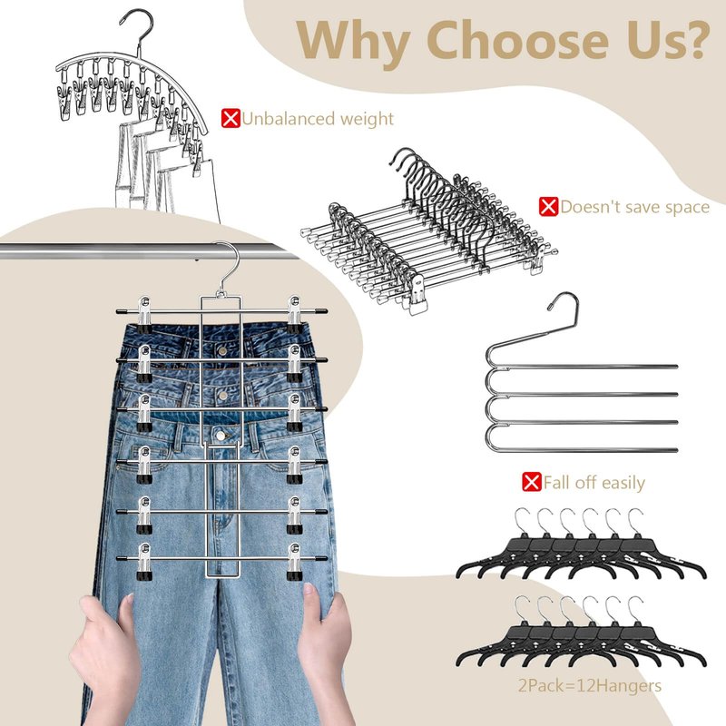 Pants Hangers with Clips,Space Saving Hanging Closet Organizer-6 Tiers Skirt Hangers with 360° Swivel Hook,Closet Organizer-Clothes Hangers- College Dorm Essentials Apartment Essentials-2 Pack
