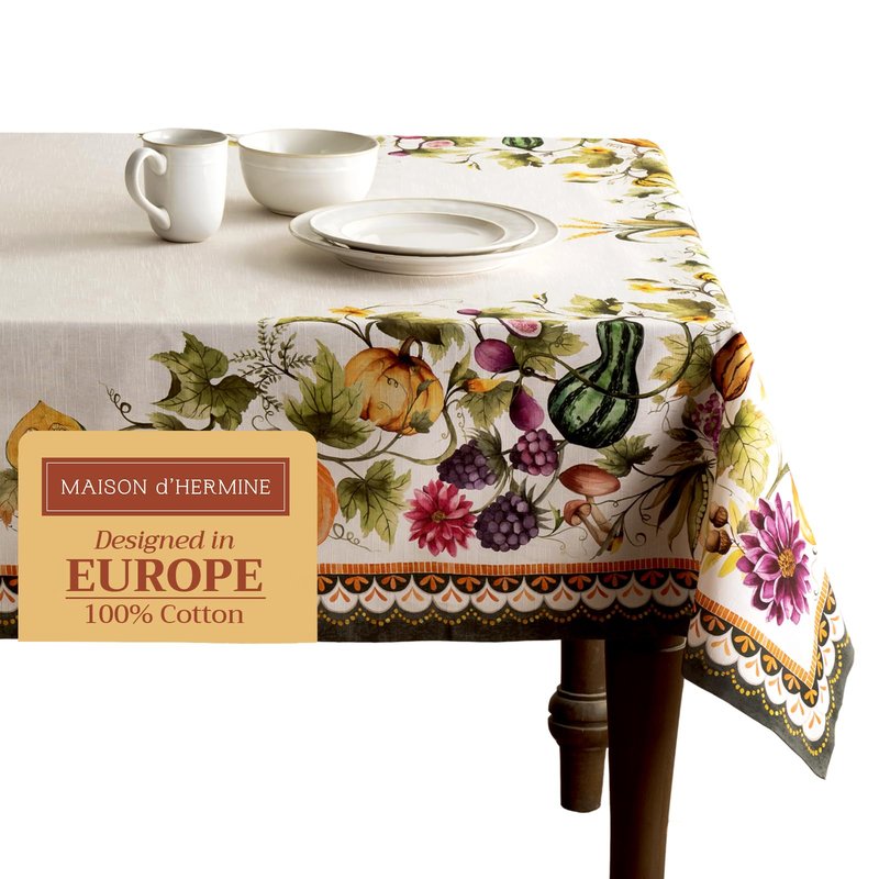 Maison d' Hermine Table Cloth Rectangle Table 100% Cotton 60 x 108 Inches Fall Tablecloth Reusable Everyday Use for Thanksgiving Christmas Decorations Dining Farmhouse (Pumpkin Garden - Cloudy Cream)