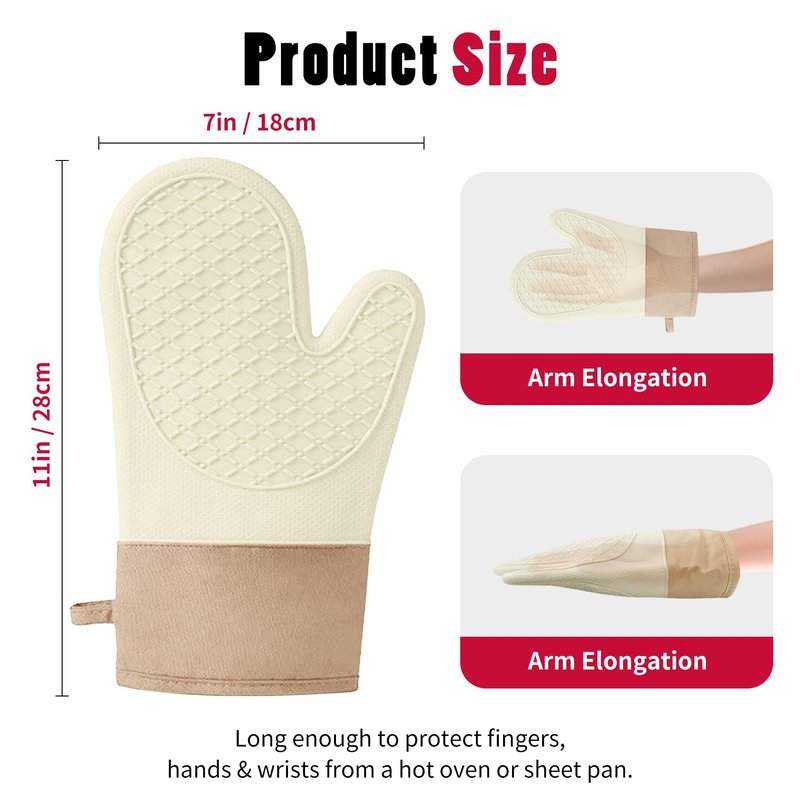 Silicone Oven Mitts，Heat Resistant up to 500°F, Oven Gloves with Soft Lining, Non-Slip Kitchen Essentials, Kitchen Gadgets, Apartment Essentials, Great Gift for Cooking (beige-1pair)