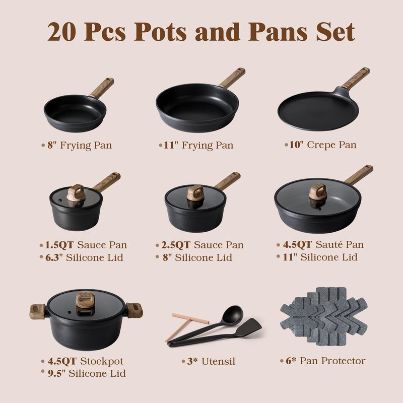 SENSARTE 20Pcs Nonstick Pots and Pans Set, Black Titanium Non Stick Cookware Set, Healthy Kitchen Cooking Set, Induction Compatible, Dishwasher Safe, PFOA/PFOS Free