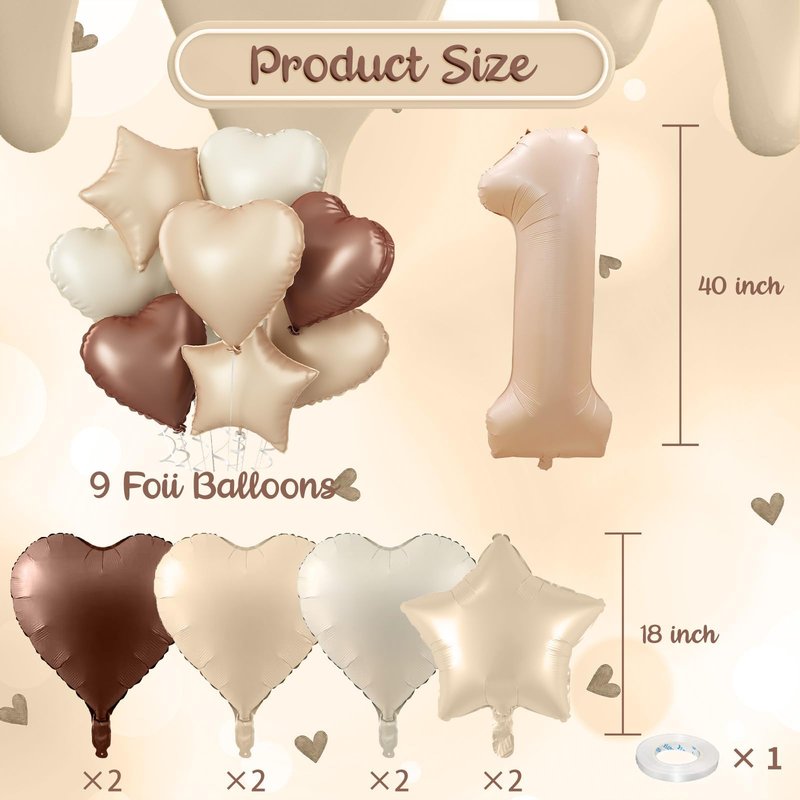 3rd Birthday Balloons Beige, Large Apricot Tan Foil 3 Number Balloon Decor with Sand White Cream Nude Taupe Helium Heart Star Balloon for Women Girls Birthday Wedding Anniversary Party Decoration