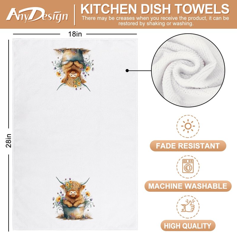 AnyDesign Highland Cow Kitchen Dish Towel 18 x 28 Inch Rustic Farmhouse Dishcloth Seasonal Cute Cow Decorative Hand Tea Towel for Kitchen Home Cooking Baking Cleaning, 2 Pcs