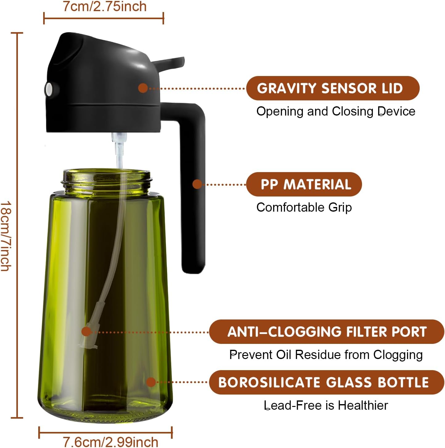 YARRAMATE Olive Oil Dispenser Bottle - 2-in-1 Light Blockage Dark Oil Sprayer, 16oz Green Glass | Food-Grade Mister for Cooking & BBQ