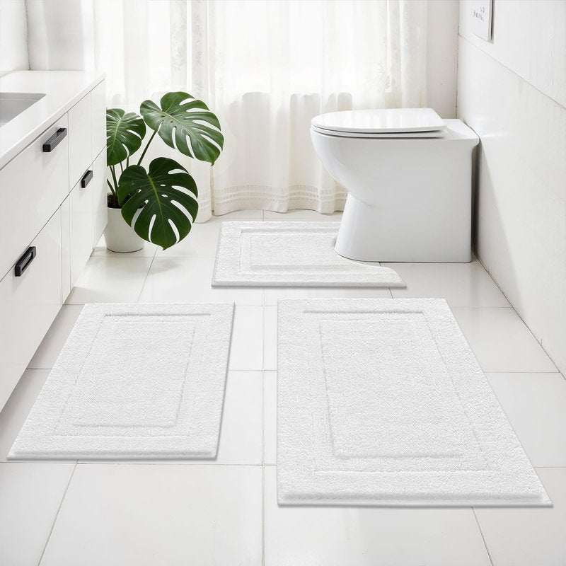 SHACOS White Bathroom Rugs Sets 3 Piece, 16"x24" + 20"x32" Non Slip Bath Mat and 20"x24" Toilet Rugs U Shaped Washable, Soft Fluffy Water Absorbent Bath Rugs for Bathroom