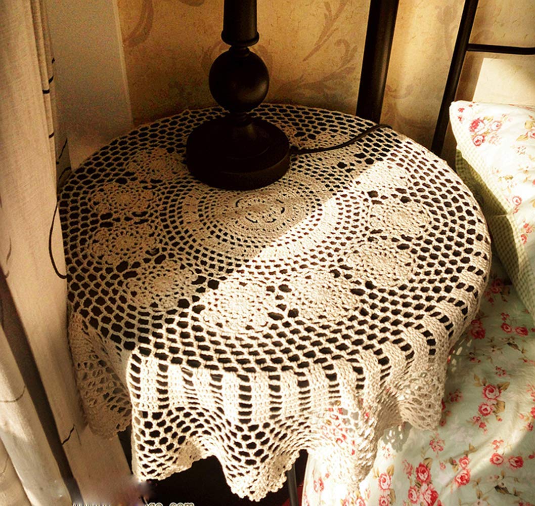 Hetao 100% Cotton Handmade Crochet Round Tablecloth Doilies Lace Table Covers,Beige, 27 Inch