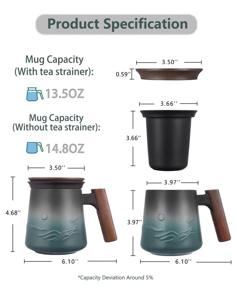 ZENS Embossed Ceramic Tea Mug with Infuser and Lid, 14.5 oz Wooden Handle, Loose Leaf Tea Steeper Cup & Strainer for Tea Lovers Gifts