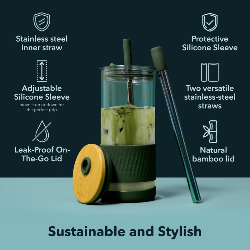 Pandaloo® Glass Cups With Lids and Straws -20 Fl Oz- Perfect Size Iced Coffee Cup - Smoothie Cup With Bamboo Lid and On the go Lid - Glass Tumbler (2 Count (Pack of 1), Lilac-Creamy Mushroom)
