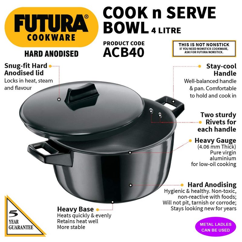 Hawkins Futura 4 Litre Cook n Serve Bowl, Hard Anodised Saucepan with Hard Anodised Lid, Sauce Pan for Cooking and Serving, Black (ACB40), Aluminium