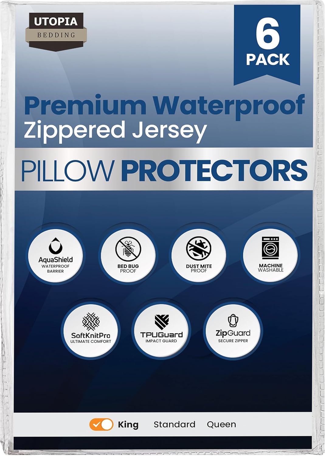 Utopia Bedding King Size Pillow Protectors - Set of 6 Zippered, Waterproof & Dust Mite Proof Covers | Ultra Soft White Encasements