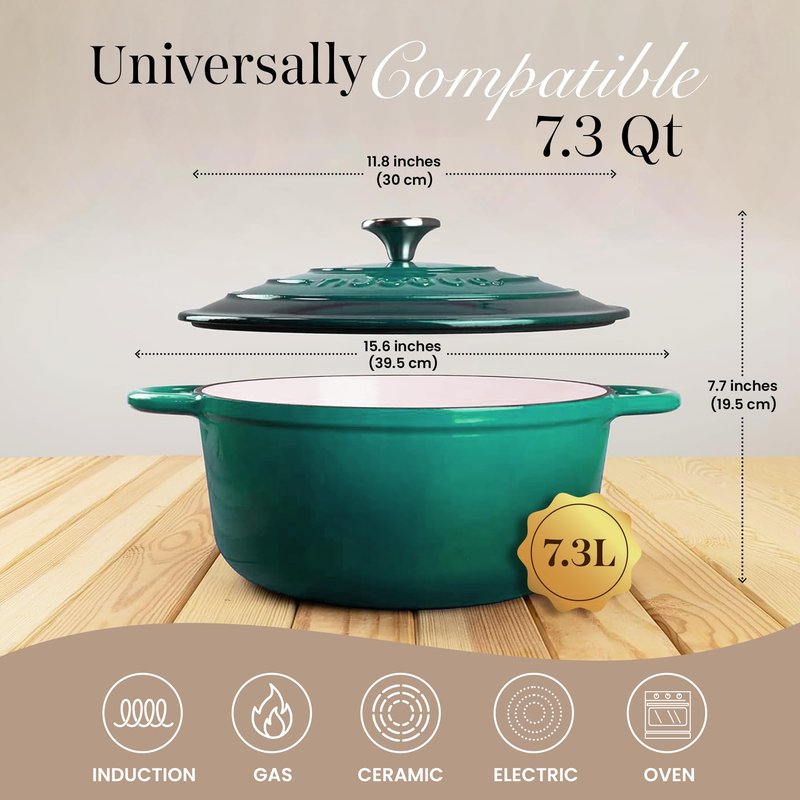 Cast Iron Dutch Oven with Lid – Non-Stick Ovenproof Enamelled Casserole Pot – Sturdy Dutch Oven Cookware – Dark Green, 7.3-Quart, 30cm – by Nuovva