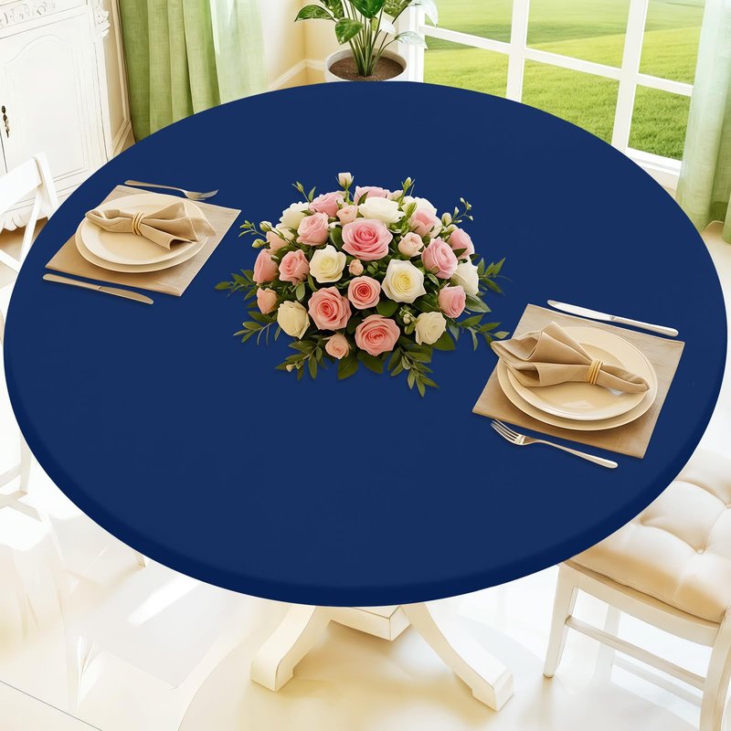 Moosfor Round Spandex Tablecloth, Elastic Fitted Waterproof Tablecloths for 31"-35" Tables, Stretch Washable Picnic Table Cover for Camping, Dining, Indoor and Outdoor, Navy