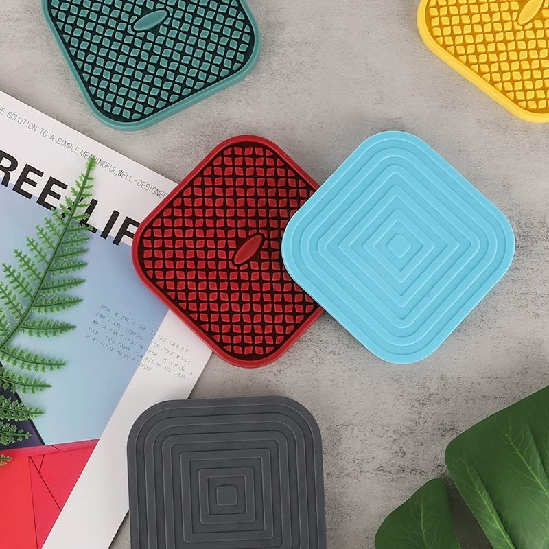 ME.FAN Silicone Coasters with Holder [6 Pack] Square Drink Cup Mat - Non-Slip, Non-stick, Stay Put, Deep Tray - Prevents Furniture and Tabletop Damages Deep Gray