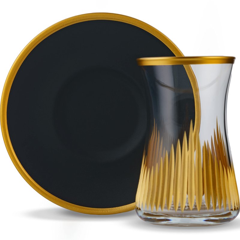 DECOSTYLE Turkish Tea Set, Glass and Plate (Set of 6), 12 pcs, Matte Gold, Vintage Handmade Tea Time, Turkish Glass Masters, Capacity: 5 1/4 US oz 160 cc (Black)