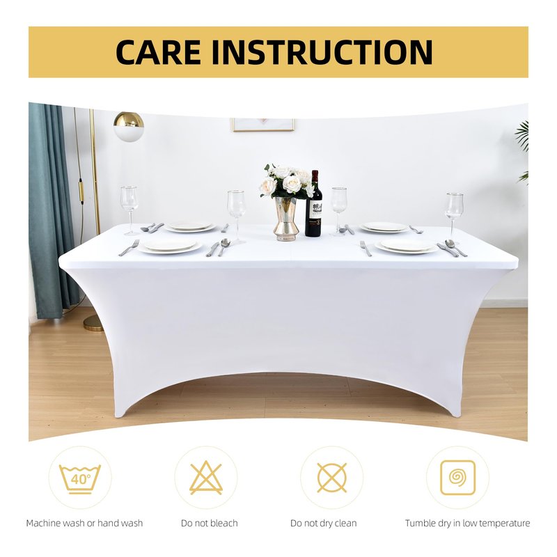 ZarzaaSik 6-Pack 8ft White Spandex Table Covers for Rectangle Folding Tables - Washable Elastic Tablecloth - Ultimate Fitted Table Protector for Birthday Parties, Trade Shows, Banquet