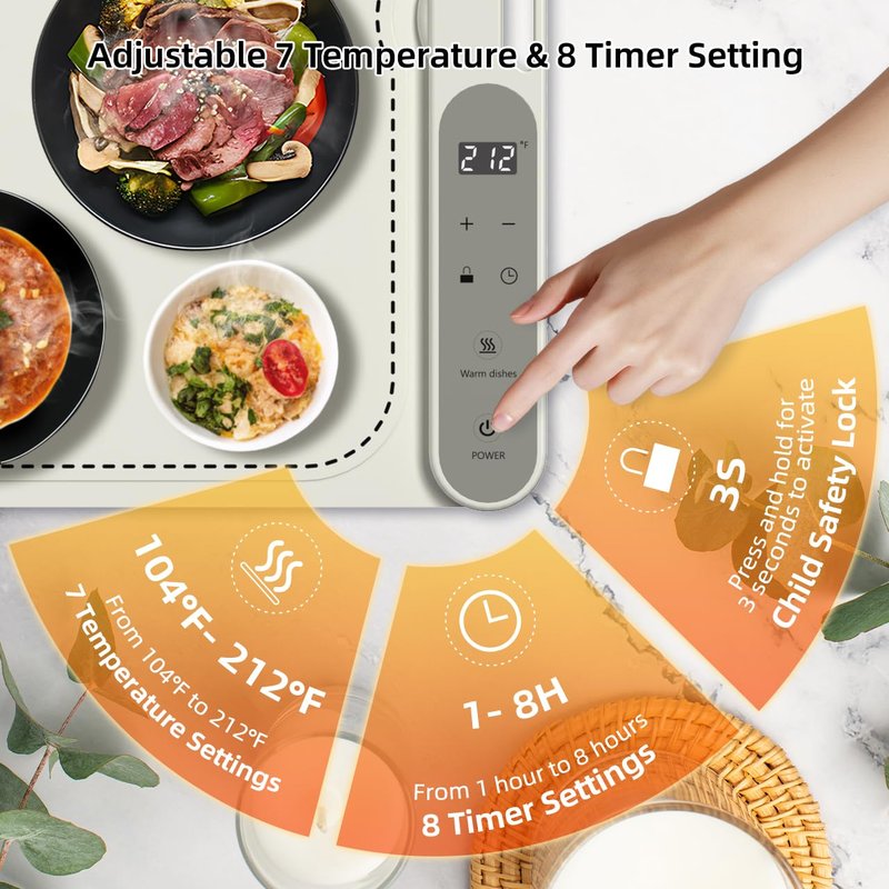 Budsom Food Warming Mat - 8s Fast Heating Electric Warming Tray with 7-Level Temperature & 8-Hour Timer, Roll-Up Portable Food Warmer for Home Dinner, Party, Travel, Outdoor Picnic (Extra Large)
