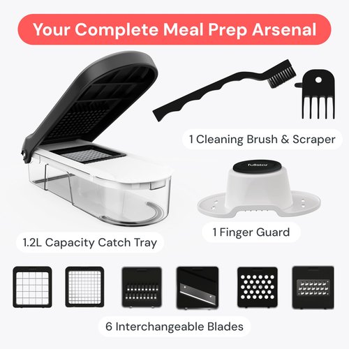 Fullstar Mandoline Slicer for Kitchen - Vegetable Chopper, Onion Potato Food Veggie Fruit Slicer and Cutter with Container, Kitchen Gadgets & Gifts, Home Essentials (6-in-1, White/Black)