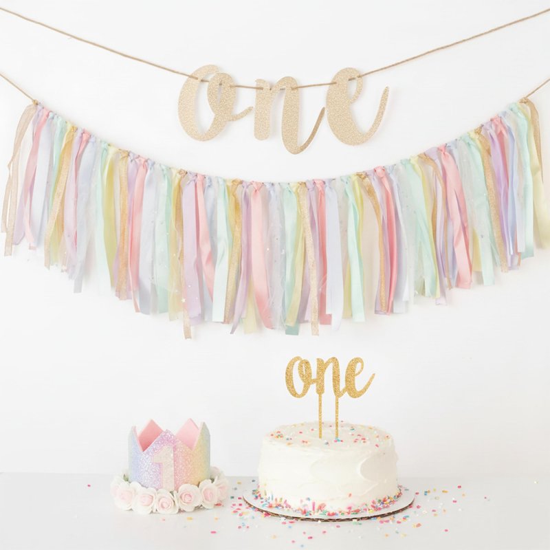 PapaKit Girls 1st Birthday High Chair Premium Decoration Set - Pastel Rainbow Ribbon Garland, Crown, One Banner & Cake Topper | Unicorn, Donut & Ice Cream Theme Cake Smash Photo Pro