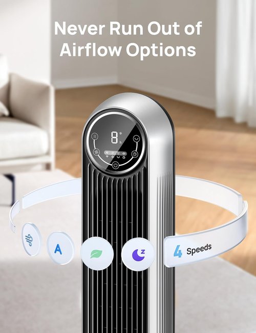 DREO Bladeless Tower Fan - Ultra Quiet with 4 Speeds & 90° Oscillation | 25ft/s Airflow, Silver