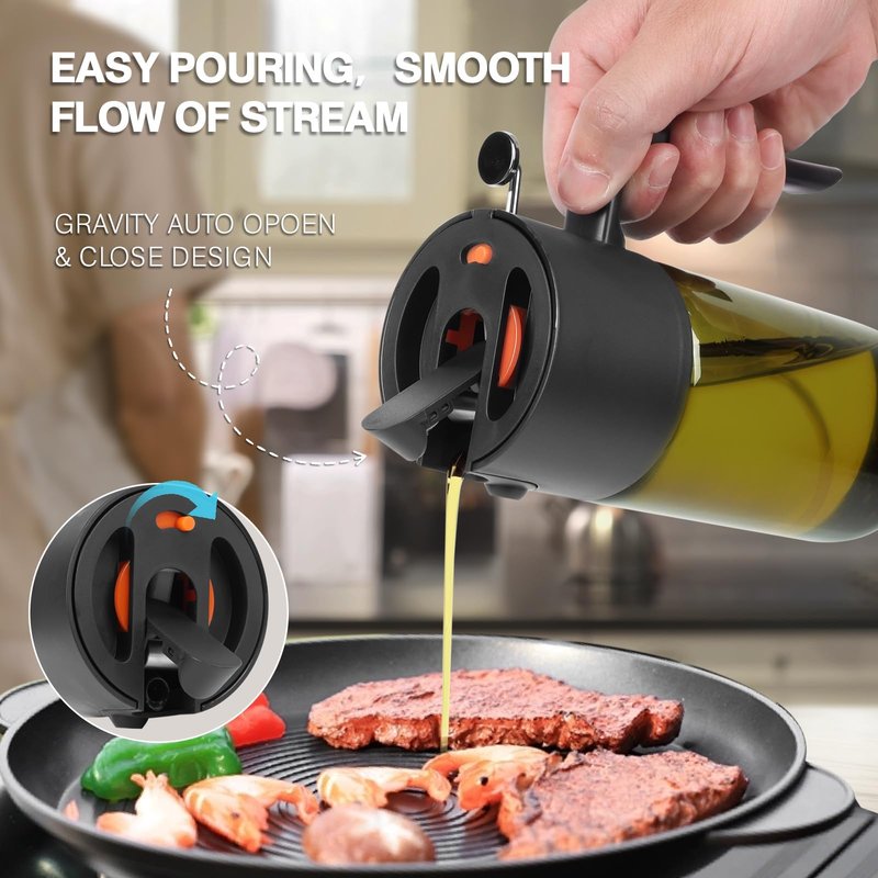 2-IN-1 500ml/17oz Light-Blocking Dark Oil Sprayer for Cooking with Sticker, Dark Green Glass Olive Oil Dispenser Bottle for Kitchen, Even Spray with Portion Control, Perfect for Air Fryer, BBQ - Black