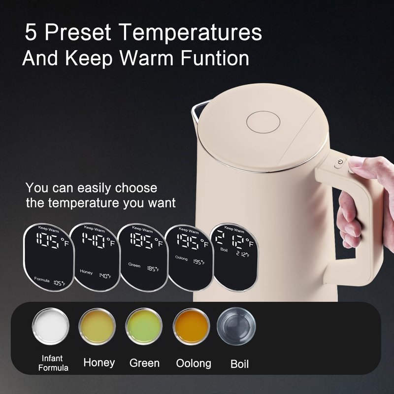 QUAXWELL 1.5L Electric Kettle Stainless Steel, Double Wall Cool Touch Teapot, Fast Boil,5 Temperature Control, LED Display, Auto Shut-Off,Keep Warm Function,Cream White