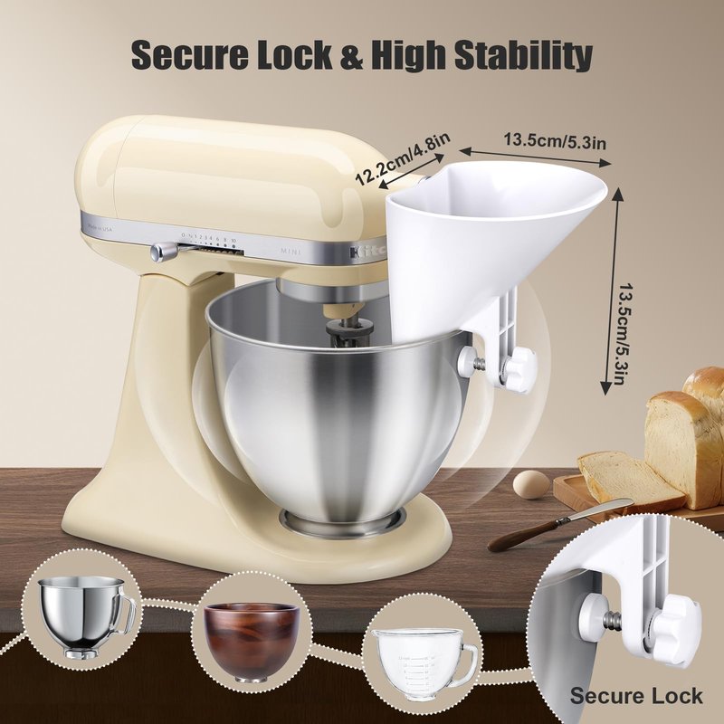 WANLISS Flour Funnel for Kitchen Aid Mixer,KitchenAid Accessories and Attachments for Multiple Stand Mixers 3.2Qt-7Qt,Wide Mouth Pouring Chute Durable Dishwasher Safe Baking Mothers Day Gift for Women