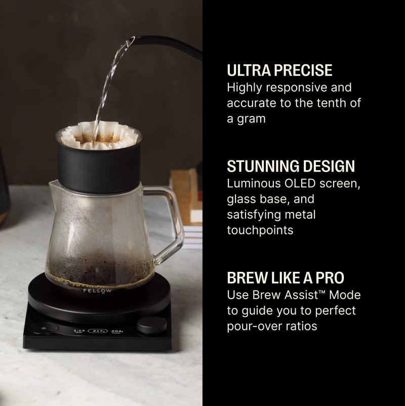 Fellow Tally Pro Coffee Scale with Timer – Espresso Scale for Pour Over and Barista Brewing, Brew Assist Mode, 0.1g Accuracy, OLED Display, Rechargeable, Glass Top – Matte Black