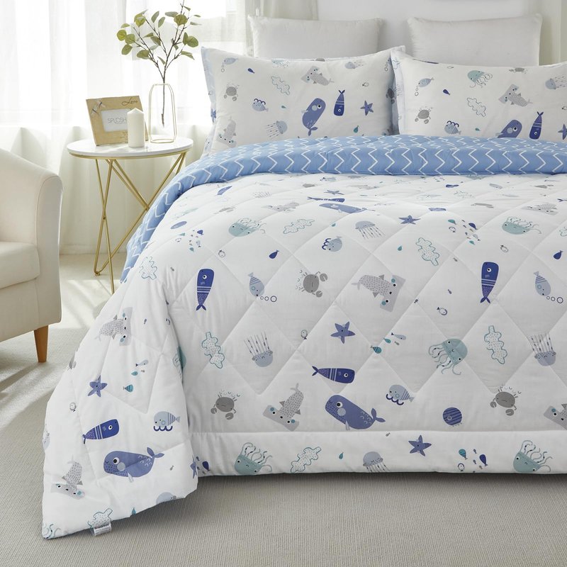 Brandream Kids Duvet Cover Twin Size Cotton Boys Girls Cute Cartoon Blue White Seaworld Comforter Set Ocean Fish Bedding Set 3 Piece