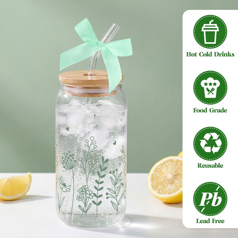 NatNarr 2 Pcs Glass Cups with Lids and Straws, Gifts for Women 16oz Sage Green Floral Glass Coffee Cups, Cute Aesthetic Glass Cup for Mothers Day Gifts Girls New Mom Birthday Baby Shower Party Gift