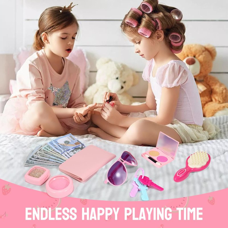 Pretend Play Purse for Little Girls, Toddler Purse with Pretend Makeup Toys for Toddlers, Princess Pretend Play Purse Toys with Accessories, Kids Purse Toy Birthday Gift for Girls Age 3 4 5 6+