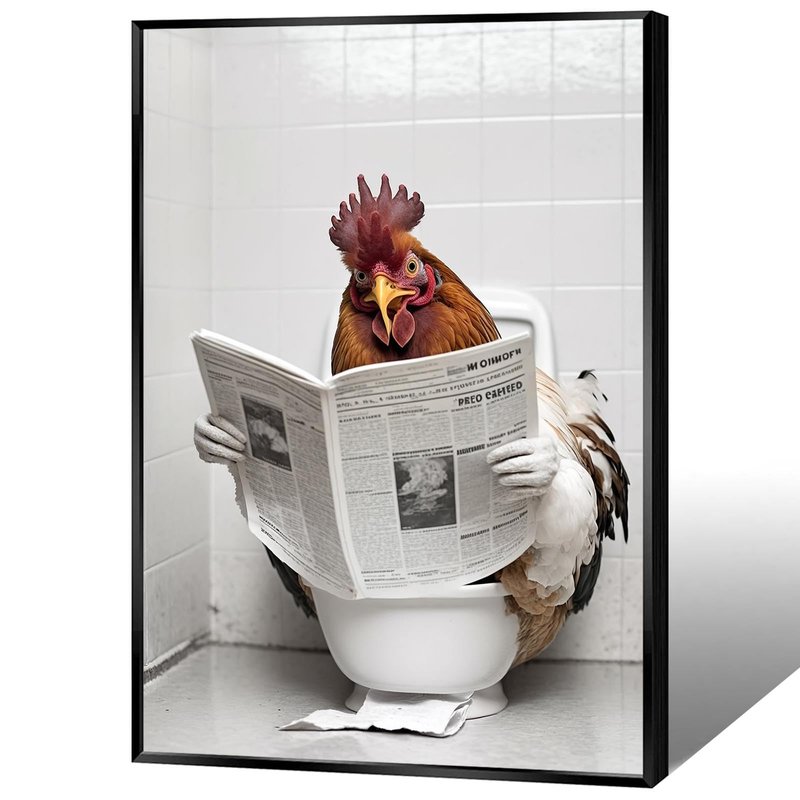 KOEUIRW Funny Chicken Bathroom Canvas Wall Art Cute Chicken In Toilet Posters Black and White Animal Prints Painting Maximalist Mid Century Modern Aesthetic Wall Decor for 16x24in Framed