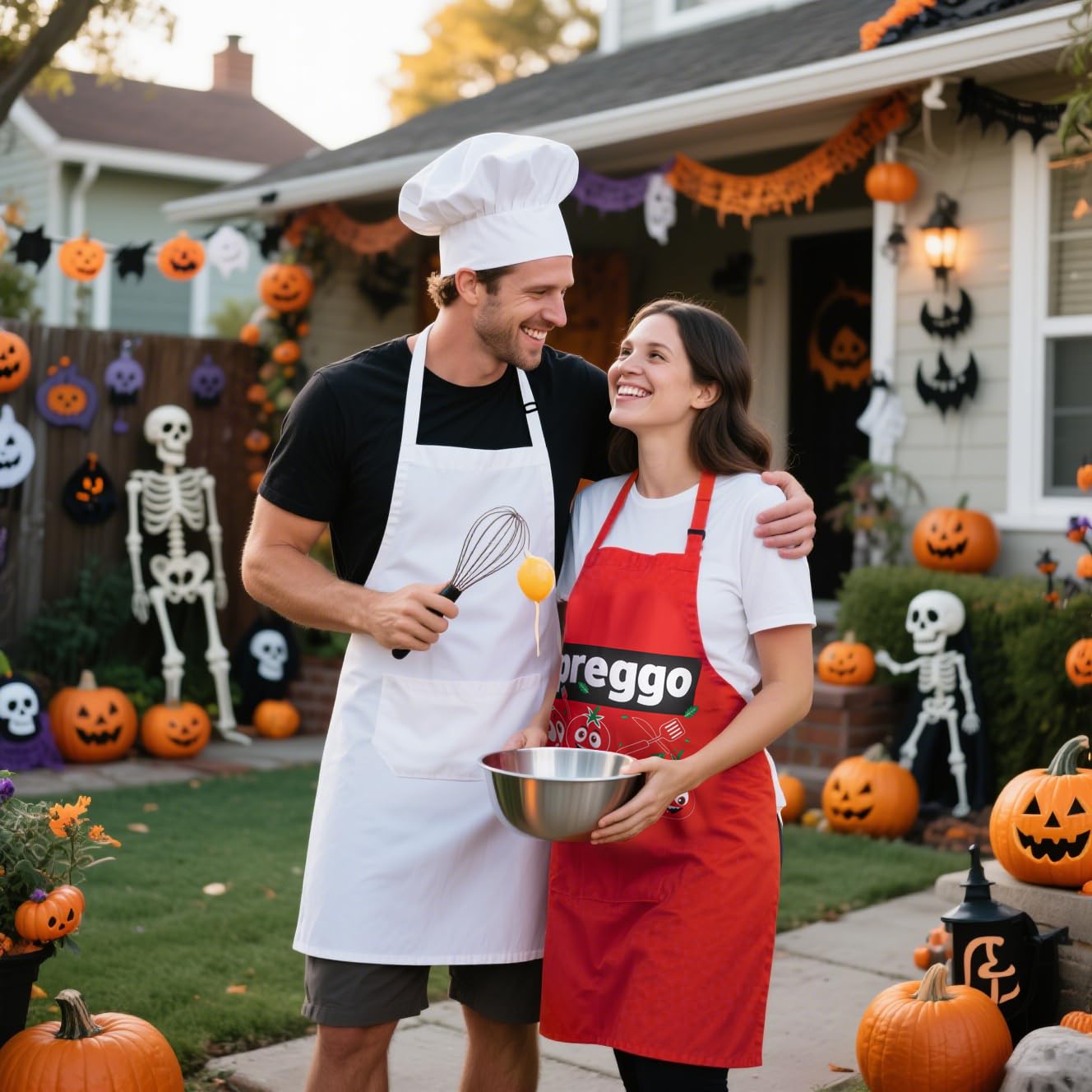 Sfcddtlg 3 Pcs Pregnant Chef Halloween Couples Costume, Chef Apron Set with Tomato Preggo Apron & Hat for Kitchen Cook Halloween Party Cosplay