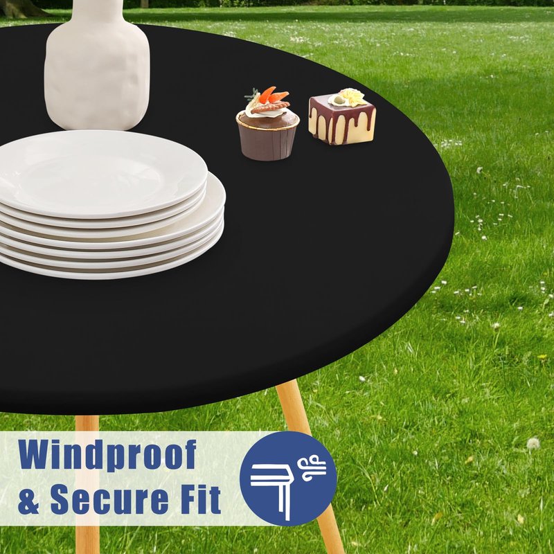 Moosfor Round Spandex Tablecloth 2 Pack, Elastic Fitted Waterproof Tablecloths for 36"-44" Tables, Stretch Washable Picnic Table Cover for Camping, Dining, Indoor and Outdoor, Black