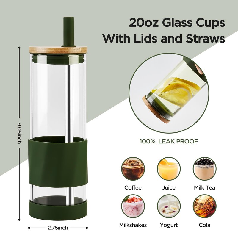 Spreccio Glass Cups With Lids and Straws, 20oz Reusable Iced Coffee Cup, Olive Glass Tumbler with Silicone Sleeve, Perfect for Fruity Drinks, Iced Tea, or Smoothies
