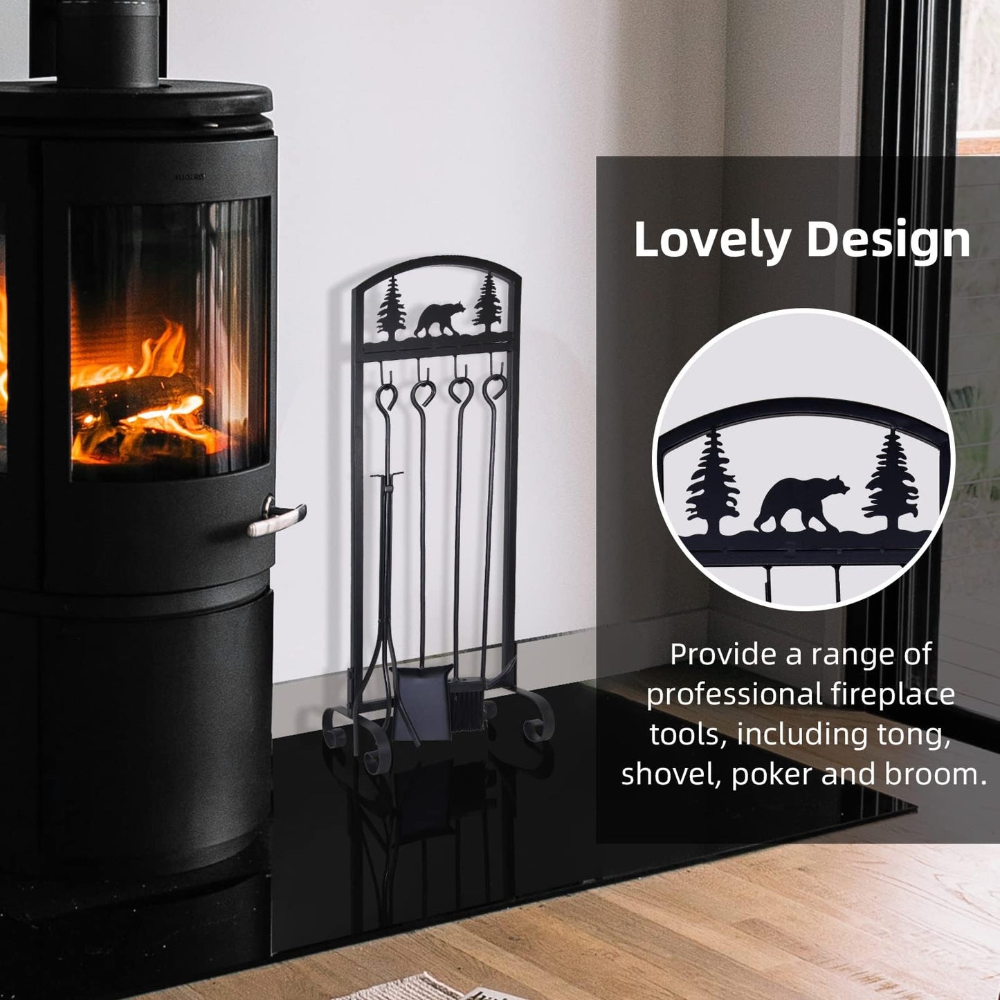 SCENDOR 5 Pieces Fireplace Tools Set 30.5 Inch Wrought Iron Fire Place Pit Poker Holder Brush and Stand Accessories Set Christmas Animal Pattern Outdoor Indoor