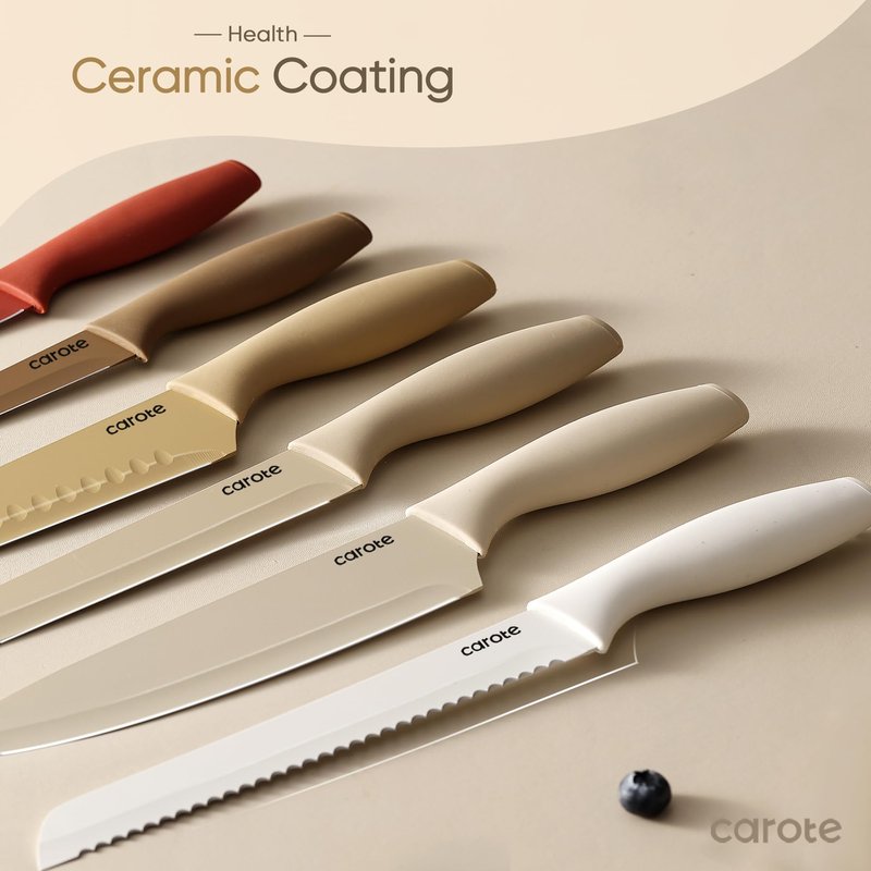 CAROTE Knife Set, 12 Pieces Kitchen Knife Set, 6 Stainless Steel Knives with Blade Guards & Nonstick Ceramic Coating, Rustproof, Color-Coded, Ergonomic Handles