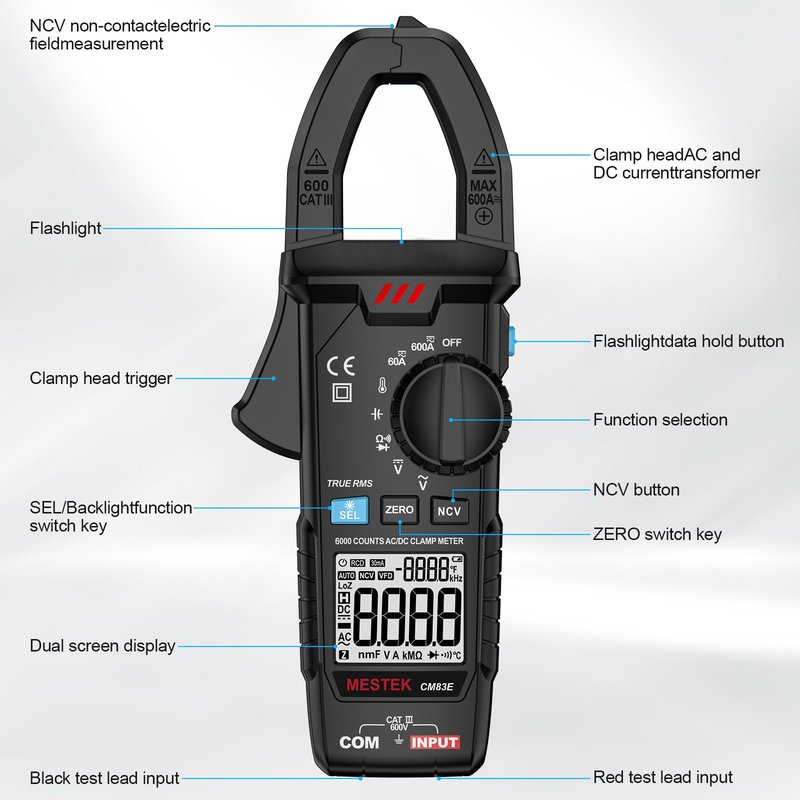MESTEK Digital Clamp Meter Multimeter, TRMS 6000 Counts 600A Current Amp Volt Meter, Auto-Ranging Voltage Tester Measures AC DC Current Voltage Resistance Capacitance Temperature Diodes Continuity NCV