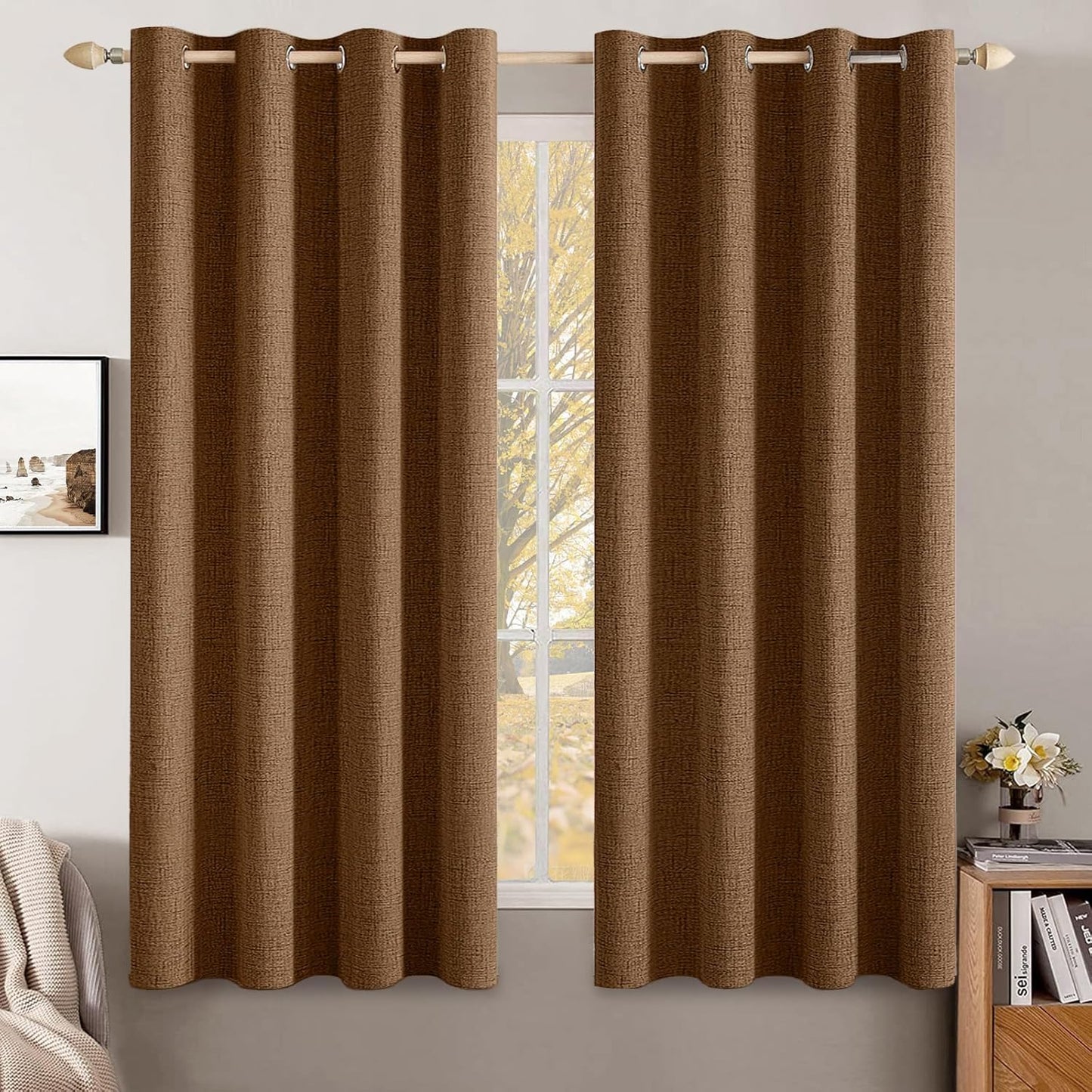 MIULEE Blackout Linen Curtains - Thermal Insulated Room Darkening Drapes | Brown, 52 x 54 Inch (2 Panels)