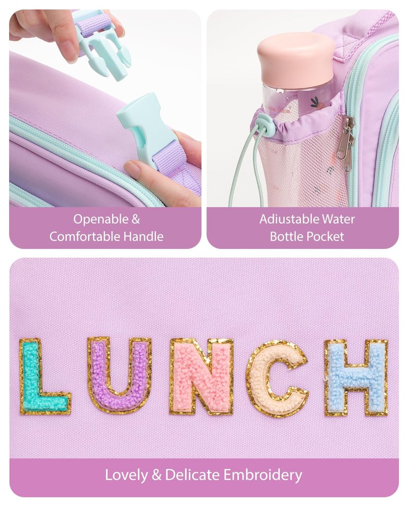 Amersun Kids Insulated Lunch Box- Water-Resistant, Reusable Cute Lunch Tote Bag with Water Bottle Holder & Multi-Pocket-Ideal for Ages 3+ Girls,School,Travel-Light Purple