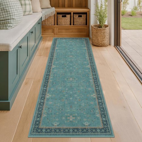Boho Extra Long Runner Rug - Machine Washable & Stain Resistant | Non-Slip Rubber Backing, Teal 2x10