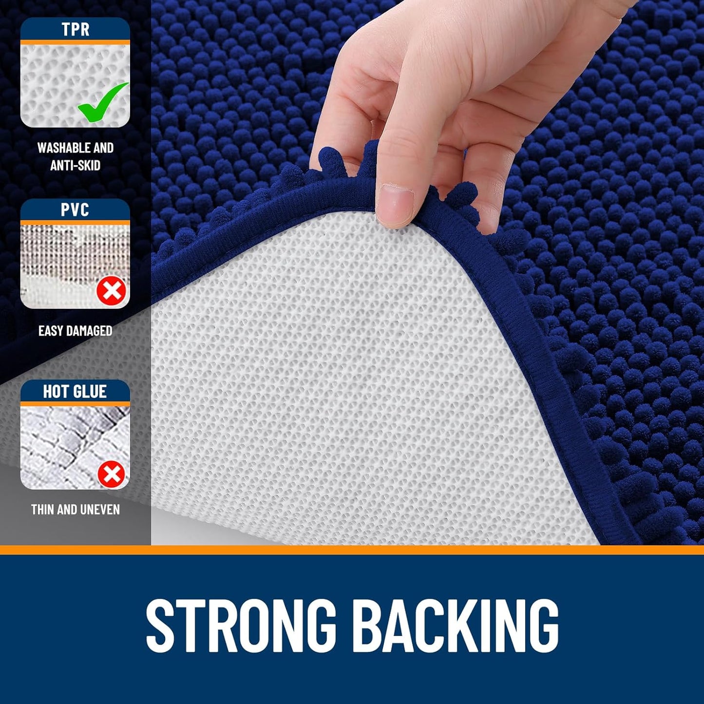 OLANLY Large Bathroom Rugs - Extra Soft Chenille Bath Mats with Rubber Backing | Quick Dry, Navy 45x27