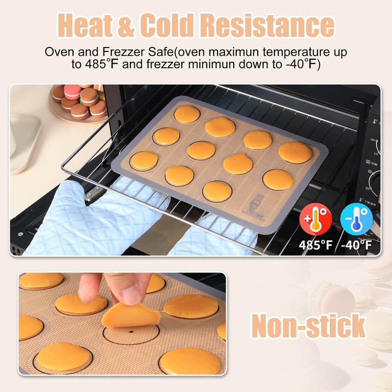 Silicone Baking Mat Macaron - Set of 3 (2 Half Sheet Liners and 1 Quarter Sheet), Non Stick Silicon Cookie Oven Liner For Macaroons, Bake Pans, Pizza, Toaster, Cake and Bread Making (16.5x11.6, Grey)