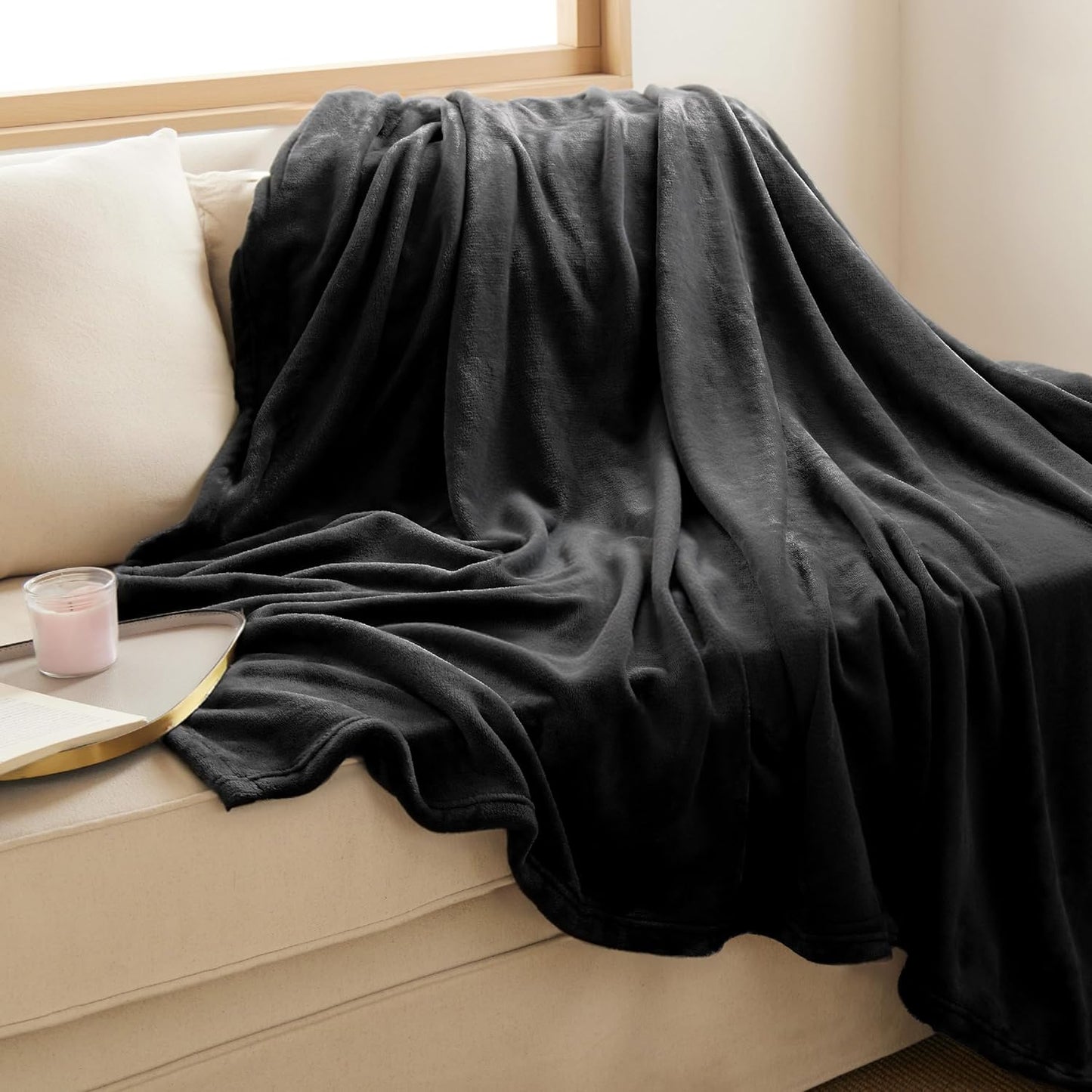 Bedsure GentleSoft Fleece Throw Blanket - XL 300GSM Plush & Cozy for Bed, Sofa, Travel | Black 50x70 Inches