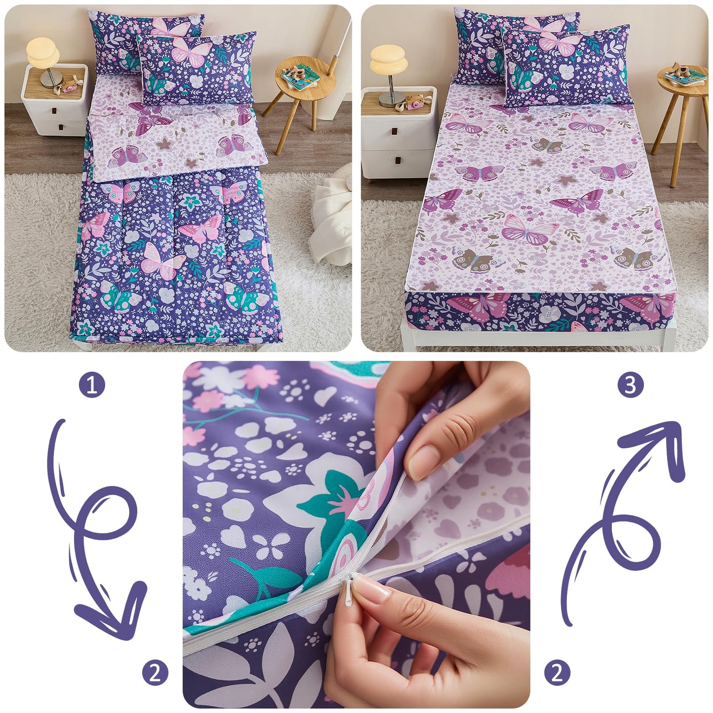 Anibedding 3Pcs Zip Up Bedding Comforter Set for Girls, Purple Butterfly All in One Zipper Twin Bedding Set with Pillowcase for Kids