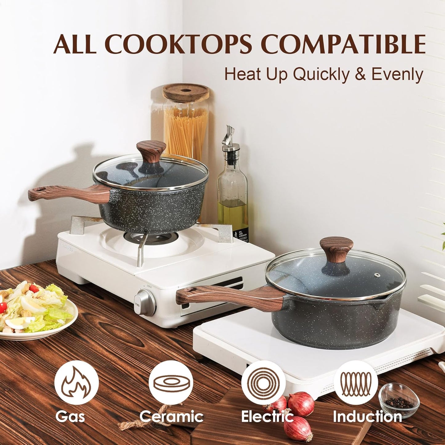 SENSARTE Nonstick Saucepan Set - Swiss Granite Coating, Induction Compatible, 1.5QT & 2QT Pots